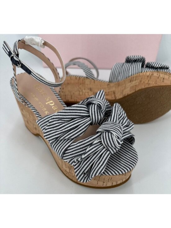 Kate Spade Julep Double Bow Platform Wedge Sandals sz 6.5 Navy Stripe Cork Ankle - Picture 9 of 11